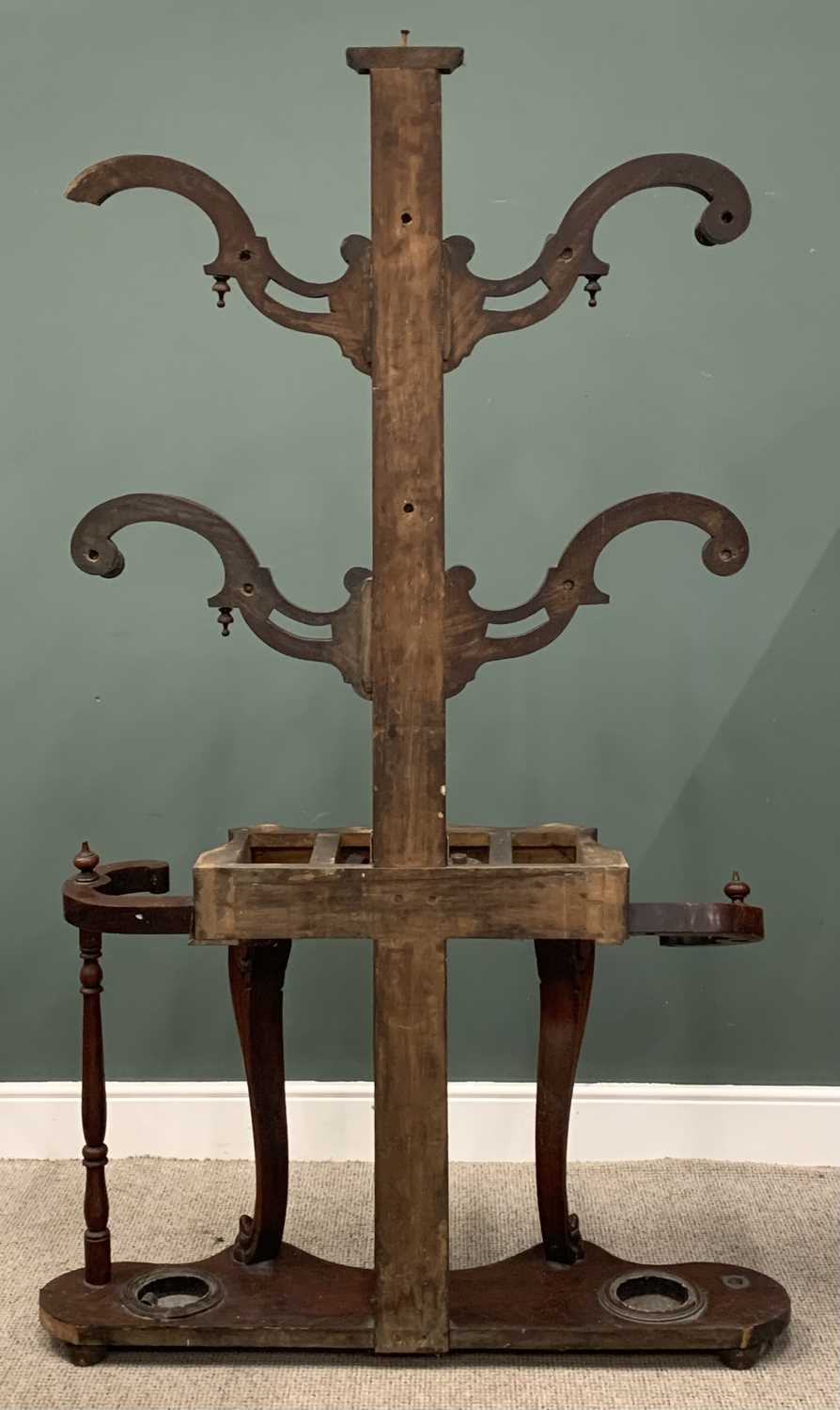 VICTORIAN MAHOGANY HALL STAND, pierced and scrolled four branches, turned wooden hangers, central - Image 5 of 5