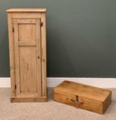 ANTIQUE STRIP PINE CUPBOARD & A PORTABLE TOOL BOX, single twin panelled door, interior shelves,