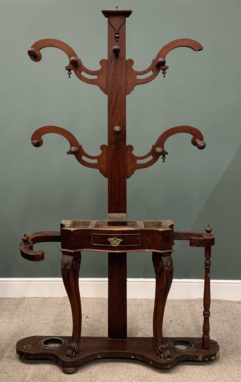 VICTORIAN MAHOGANY HALL STAND, pierced and scrolled four branches, turned wooden hangers, central