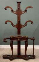 VICTORIAN MAHOGANY HALL STAND, pierced and scrolled four branches, turned wooden hangers, central