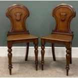 PAIR OF VICTORIAN MAHOGANY HALL CHAIRS, shield panel shaped backs, solid seats, turned tapering