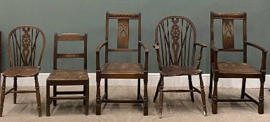 FIVE VARIOUS ANTIQUE & VINTAGE COUNTRY CHAIRS, circa 1830 oak farmhouse side chair, 83 (h) x 46 (