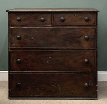 VICTORIAN SCUMBLED PINE CHEST of two short, three long drawers, cockbead edging, turned wooden