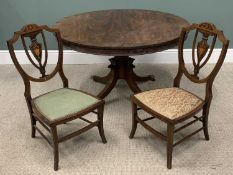 CIRCULAR TOP LOO TABLE & TWO INLAID SIDE CHAIRS both mid-Victorian, table in flame mahogany and