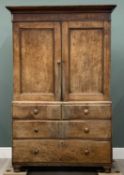 GEORGE III OAK PRESS CUPBOARD, panelled twin upper doors, interior slide trays, moulded edge base,