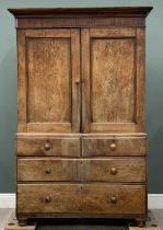 GEORGE III OAK PRESS CUPBOARD, panelled twin upper doors, interior slide trays, moulded edge base,