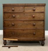 MAHOGNAY BOW FRONT CHEST, circa 1840, two short, three long oak lined drawers, cockbeaded edging,