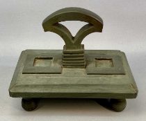 WELSH SLATE INK STAND, of stout form, central carry handle, on four turned legs, 27 (h) x 32 (w) x