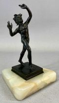 GRAND TOUR STYLE BRONZE THE DANCING FAUN OF POMPEII, on alabaster base, 17.5cms (h) Provenance: