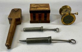 MIXED COLLECTABLES GROUP, including two 19th century pewter douche/enema syringes, 18cms the