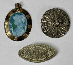 THREE BROOCHES comprising carved portrait cameo brooch in silver and gold surround, marked 925