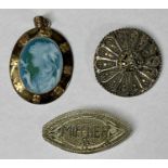 THREE BROOCHES comprising carved portrait cameo brooch in silver and gold surround, marked 925