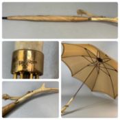 VINTAGE UMBRELLA WITH ANTLER HANDLE, yellow metal collar marked 18c Provenance: deceased estate