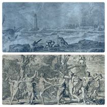 ANTIQUE ETCHINGS - biblical type scenes, figures labouring at rough seas, in oak frame, 41 x 50cms