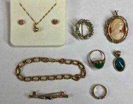 GROUP OF MIXED GOLD & YELLOW METAL JEWELLERY, including pendant and matching earrings, set with pink