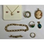 GROUP OF MIXED GOLD & YELLOW METAL JEWELLERY, including pendant and matching earrings, set with pink