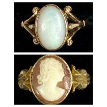 TWO 9CT GOLD RINGS, first set with an oval opal with open work shoulders, size J-K, the other with