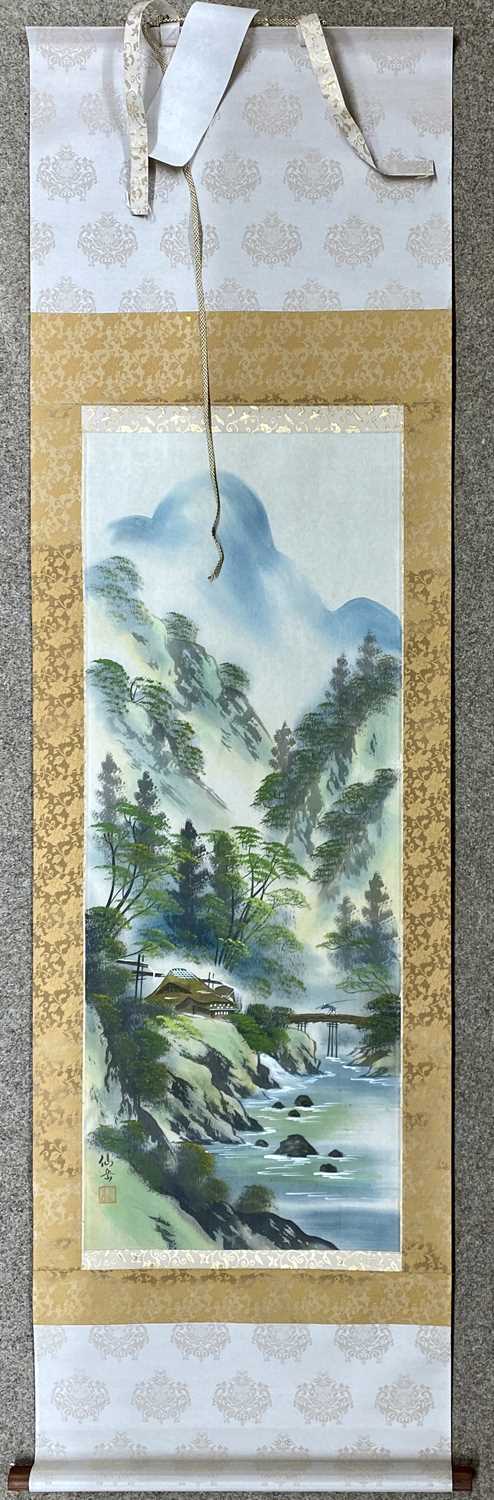 JAPANESE SCROLL PAINTING of mountainous river, signed, 184 x 53cms, with box Provenance: private - Image 2 of 3