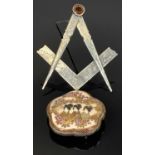 LARGE MASONIC BROOCH & A JAPANESE SATSUMA BELT BUCKLE, the brooch in unmarked, untested white metal,