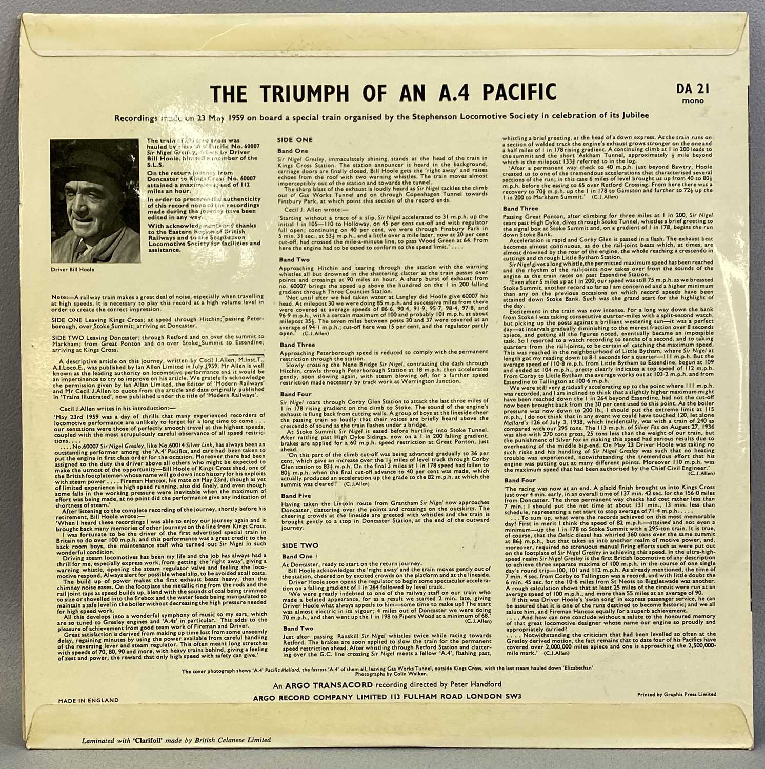 ARGO TRANSACORD LP RECORD, made on 23 May 1959, The Triumph of an A.4 Pacific, signed by Bill Hoole, - Image 2 of 2