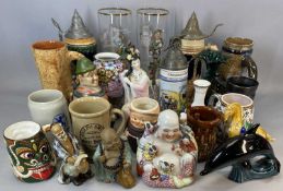 MIXED GROUP OF CERAMICS & GLASSWARE, stoneware tankard with incised decoration of Paris, 20cms (