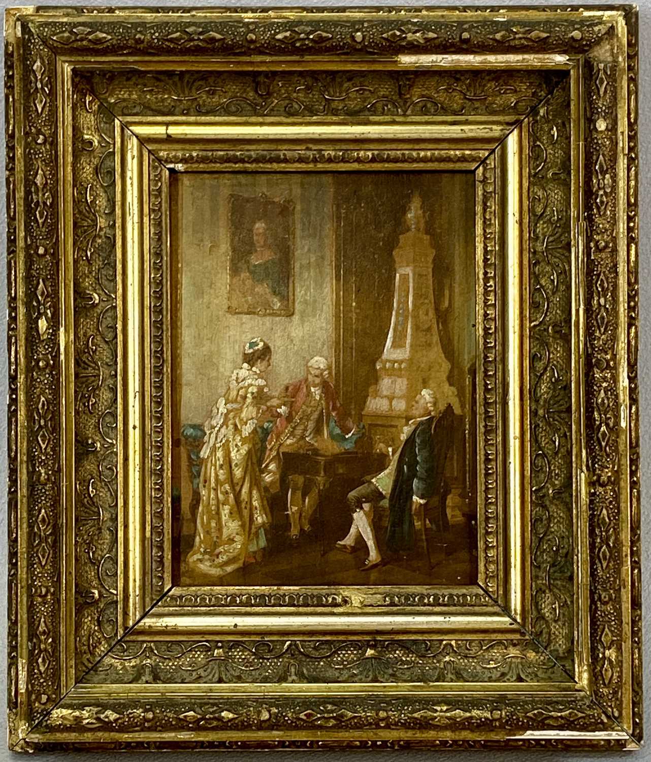18TH / 19TH CENTURY oils on board - interior scene with man lighting pipe, 18 x 13.5cms and interior - Image 4 of 5