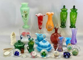 GROUP OF DECORATIVE GLASSWARE, 19th century and later, including ruby glass decanter with clear