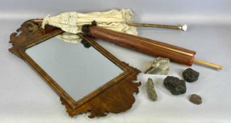 MIXED ANTIQUES, two antique parasols, Georgian style wall mirror and a quantity of mineral samples