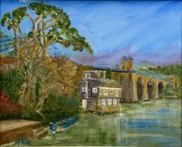 ‡ PAUL HOWARD (British 20th century) acrylic oil on canvas - entitled verso "Dusk Menai Bridge",