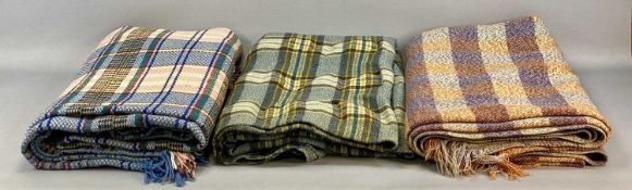 THREE VINTAGE WOOLEN BLANKETS, pink, blue, cream check pattern, double sided, fringed, 220 x 200cms,