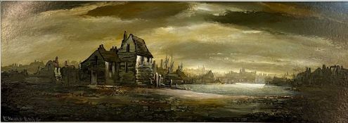 ‡ EDWARD ELLIOTT (British 20th century) oil on board - shacks on the shore at low tide, signed lower