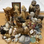 LARGE COLLECTION OF ANIMAL FIGURES, owls, cows, dogs, etc. various materials including wood,