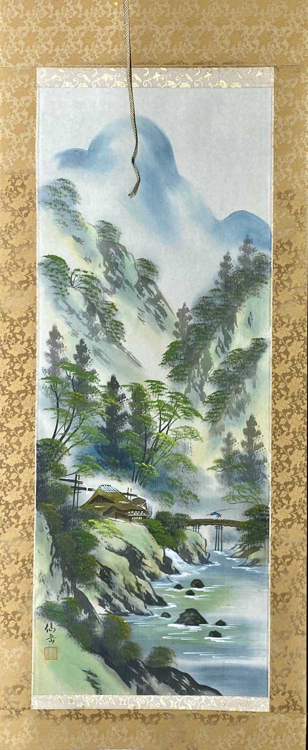 JAPANESE SCROLL PAINTING of mountainous river, signed, 184 x 53cms, with box Provenance: private - Image 3 of 3