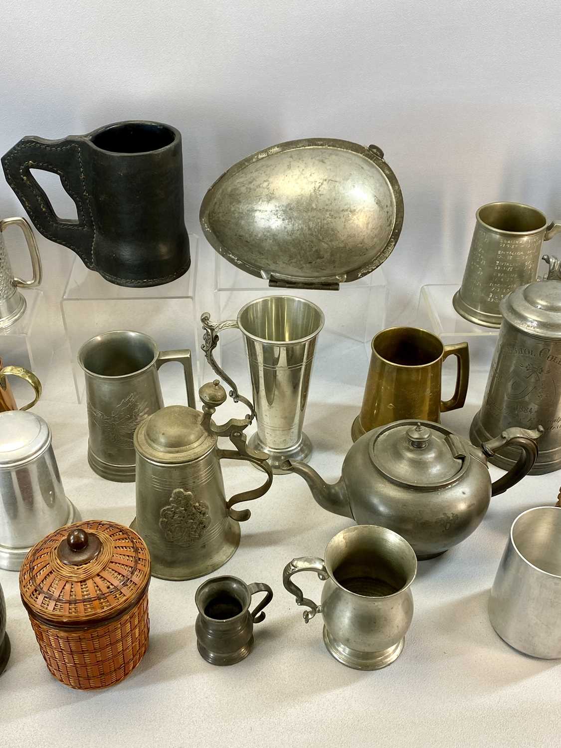 GROUP OF DRINKING VESSELS, TANKARDS & MEASURES, including George III pewter tappit hen, hinged - Image 4 of 7