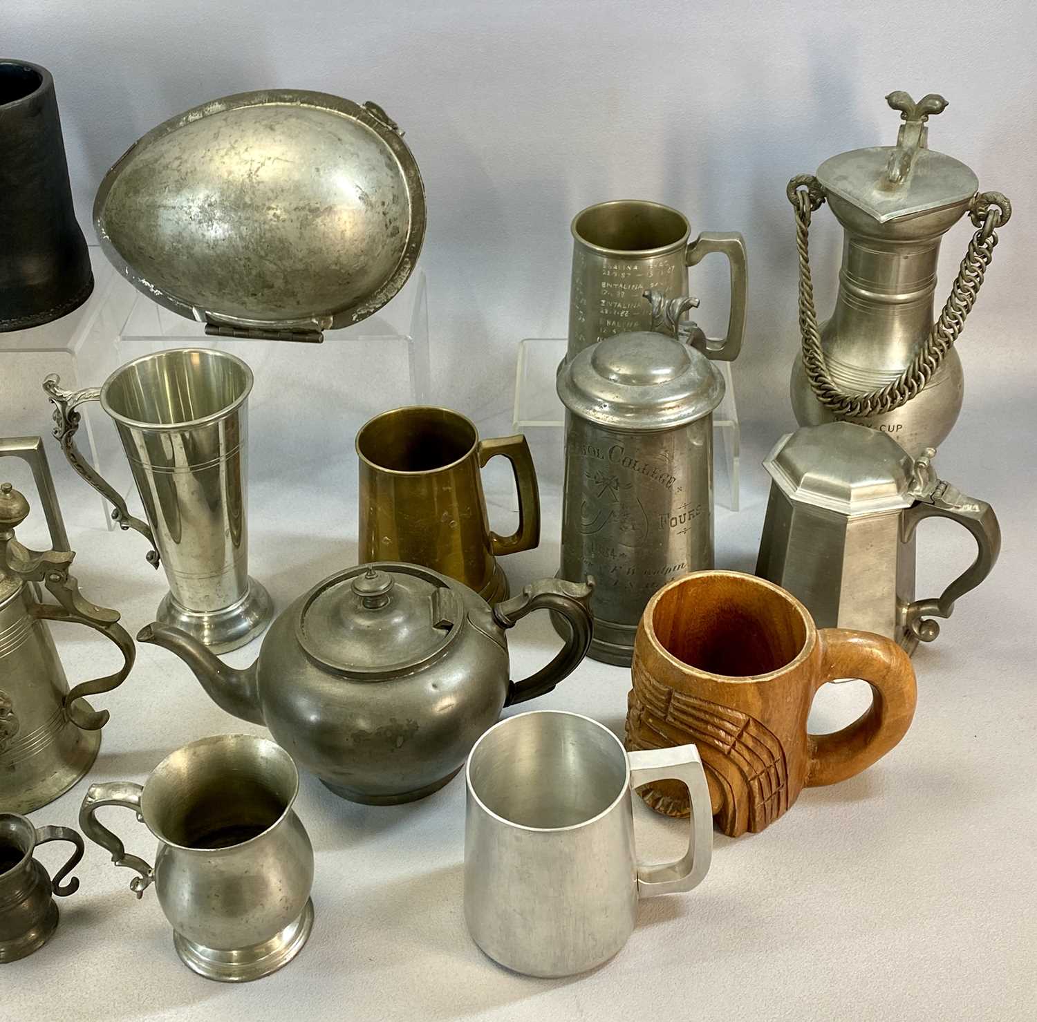 GROUP OF DRINKING VESSELS, TANKARDS & MEASURES, including George III pewter tappit hen, hinged - Image 2 of 7