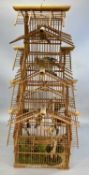 BAMBOO BIRD CAGE, containing taxidermy birds, including waxwing, sparrow, goldcrests and thrushes,