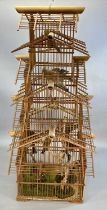 BAMBOO BIRD CAGE, containing taxidermy birds, including waxwing, sparrow, goldcrests and thrushes,