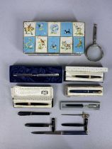 GROUP OF VINTAGE PENS & PENCILS, some boxed, Parker 17 fountain pain and propelling pencil, black