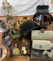 MIXED COLLECTABLES GROUP, including a vintage top hat, copper warming pan with rustic wooden handle,
