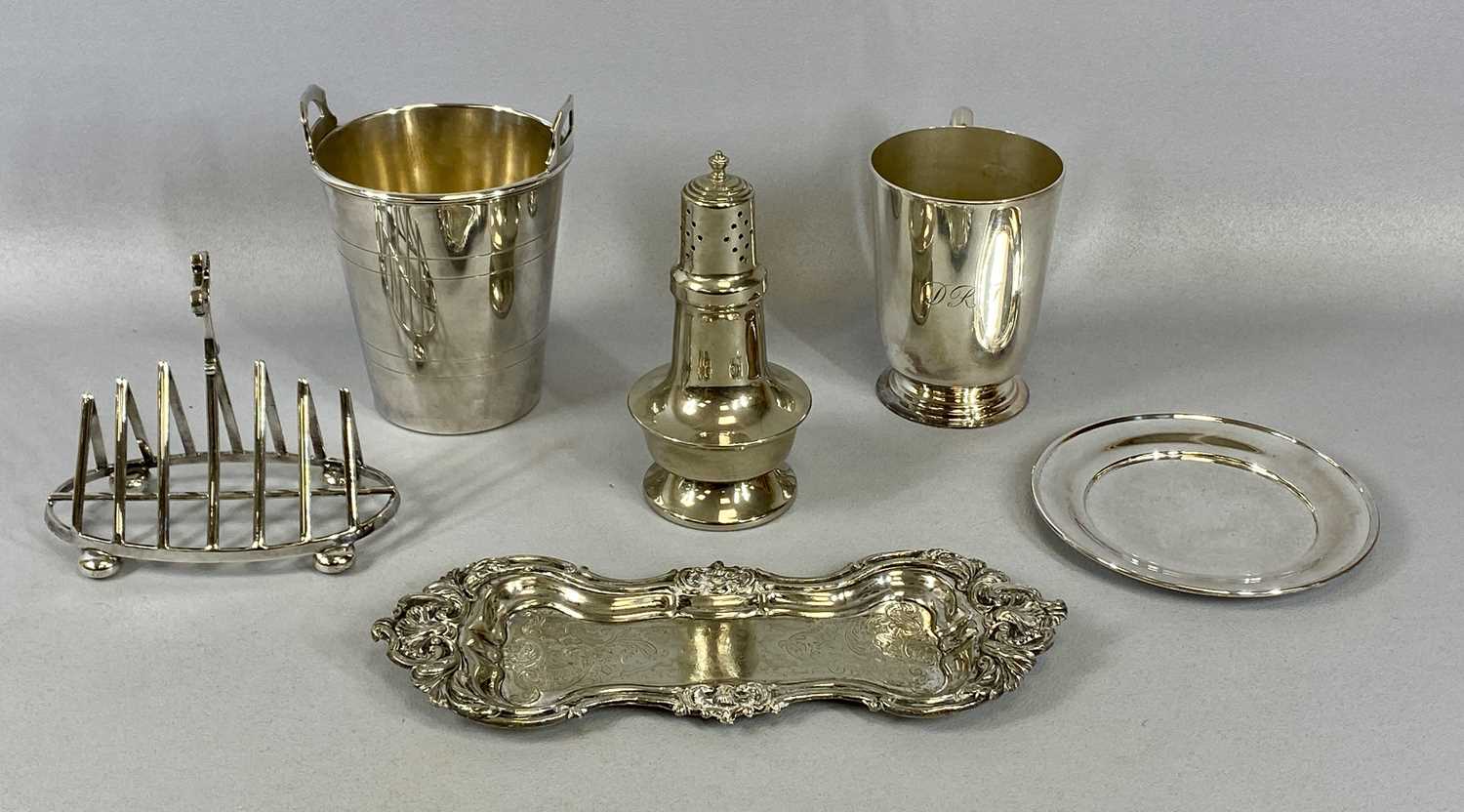 MIXED GROUP OF EPNS, including six division toast rack, ice buckets, baluster form sugar castor, - Image 4 of 4