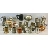 GROUP OF DRINKING VESSELS, TANKARDS & MEASURES, including George III pewter tappit hen, hinged