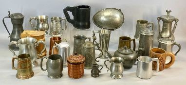 GROUP OF DRINKING VESSELS, TANKARDS & MEASURES, including George III pewter tappit hen, hinged