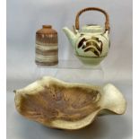 BRITISH STUDIO POTTERY THREE PIECES, Gordon Menzies brown and cream glazed leaf design bowl,