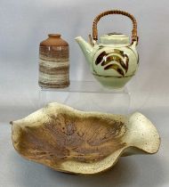 BRITISH STUDIO POTTERY THREE PIECES, Gordon Menzies brown and cream glazed leaf design bowl,