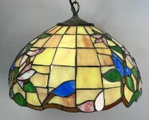 TIFFANY STYLE LEADED CIRCULAR LIGHT SHADE, brightly coloured floral panels on a pendant ceiling