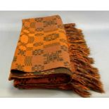 WELSH WOOLEN BLANKET, orange and brown geometric pattern, double sided, fringed, 216 x 160cms