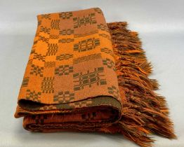 WELSH WOOLEN BLANKET, orange and brown geometric pattern, double sided, fringed, 216 x 160cms