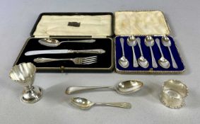 MIXED GROUP OF SILVER ITEMS, including cased set of six George V tea spoons, handles with golf