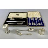 MIXED GROUP OF SILVER ITEMS, including cased set of six George V tea spoons, handles with golf