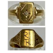 TWO 9CT GOLD SIGNET RINGS, the first set with a small diamond, size I, the other monogrammed R R,